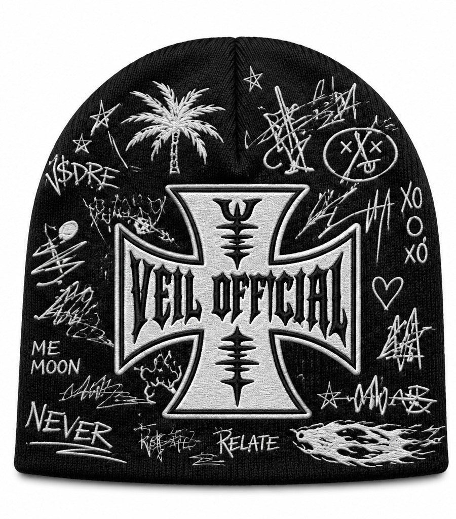 "veil'  doodle black beanie